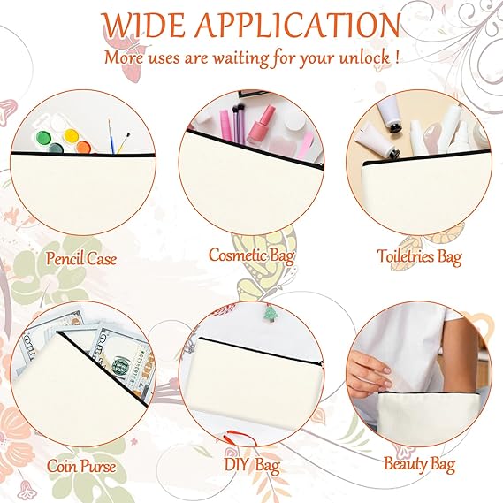 DIY Craft Canvas Pencil Case - Makeup Pouch, Multi-Purpose Travel Toiletry Zipper Bag, Bulk Cosmetic Bags 8.3 5 Inch