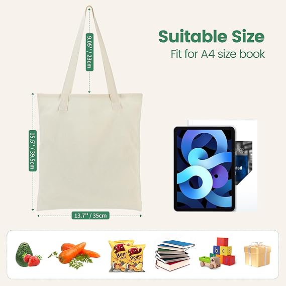 Canvas Tote Bag - Lightweight Thin Tote Bags Bulk Blank Reusable Grocery Bags for DIY Gift Sublimation Activity