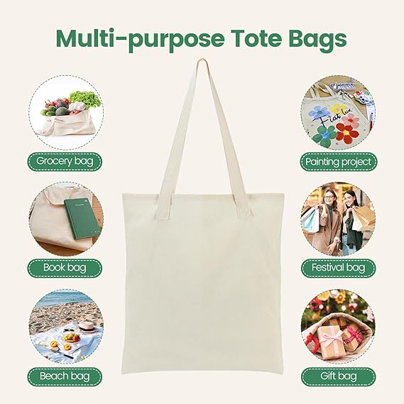 Canvas Tote Bag - Lightweight Thin Tote Bags Bulk Blank Reusable Grocery Bags for DIY Gift Sublimation Activity