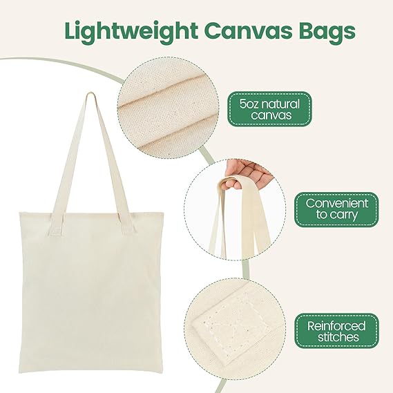 Canvas Tote Bag - Lightweight Thin Tote Bags Bulk Blank Reusable Grocery Bags for DIY Gift Sublimation Activity