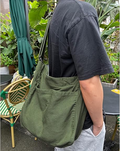 Canvas Hobo Crossbody Shoulder Tote Bag for Women and Men W/Multi-pocket Casual Purse Messenger Bags Travel Work