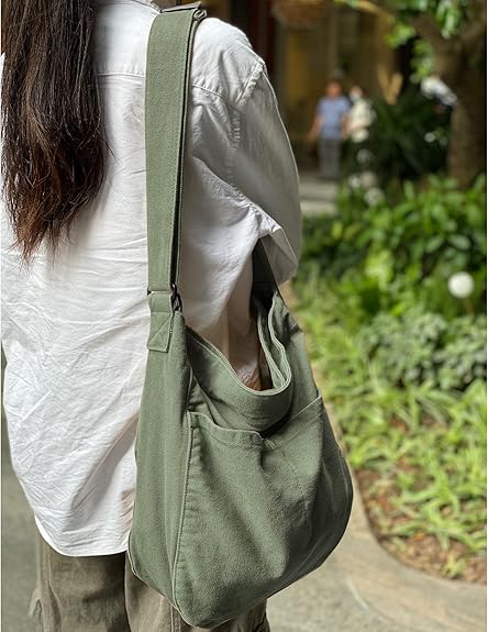 Canvas Hobo Crossbody Shoulder Tote Bag for Women and Men W/Multi-pocket Casual Purse Messenger Bags Travel Work