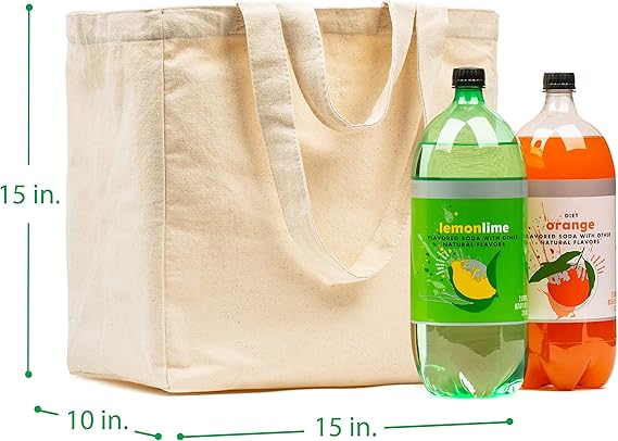 Canvas Grocery Bag 3pc XL Set with Real Pockets, Long Shoulder Strap and Short Handle. Heavy Duty, Foldable, Washable