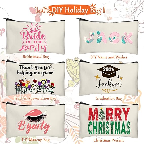 DIY Craft Canvas Pencil Case - Makeup Pouch, Multi-Purpose Travel Toiletry Zipper Bag, Bulk Cosmetic Bags 8.3 5 Inch