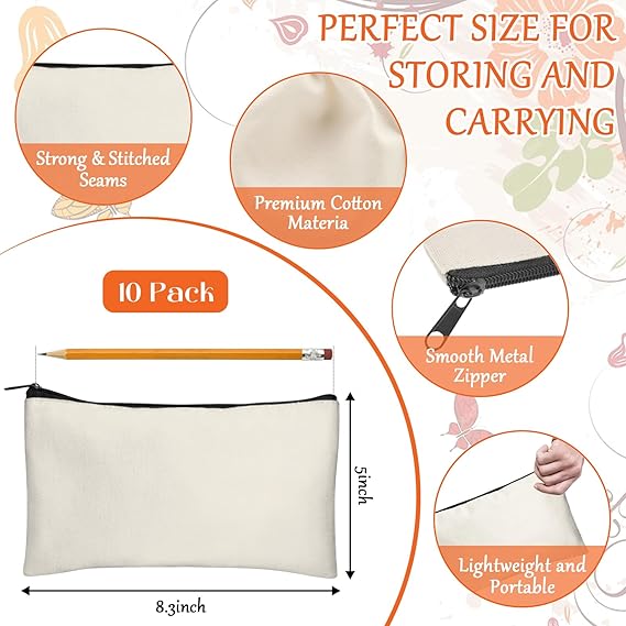 DIY Craft Canvas Pencil Case - Makeup Pouch, Multi-Purpose Travel Toiletry Zipper Bag, Bulk Cosmetic Bags 8.3 5 Inch