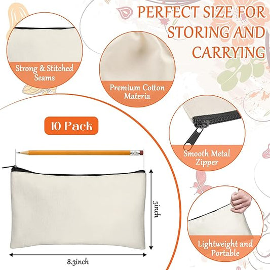 DIY Craft Canvas Pencil Case - Makeup Pouch, Multi-Purpose Travel Toiletry Zipper Bag, Bulk Cosmetic Bags 8.3 5 Inch