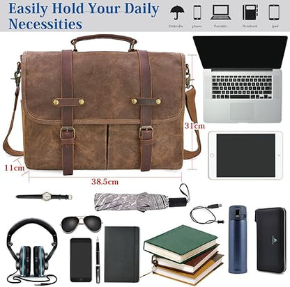 Mens Messenger Bag 15.6 Inch Waterproof Vintage Genuine Leather Waxed Canvas Briefcase Large Leather Computer Laptop Bag Rugged Satchel Shoulder Bag, Brown