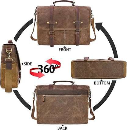 Mens Messenger Bag 15.6 Inch Waterproof Vintage Genuine Leather Waxed Canvas Briefcase Large Leather Computer Laptop Bag Rugged Satchel Shoulder Bag, Brown