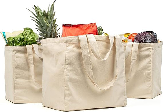 Canvas Grocery Bag 3pc XL Set with Real Pockets, Long Shoulder Strap and Short Handle. Heavy Duty, Foldable, Washable